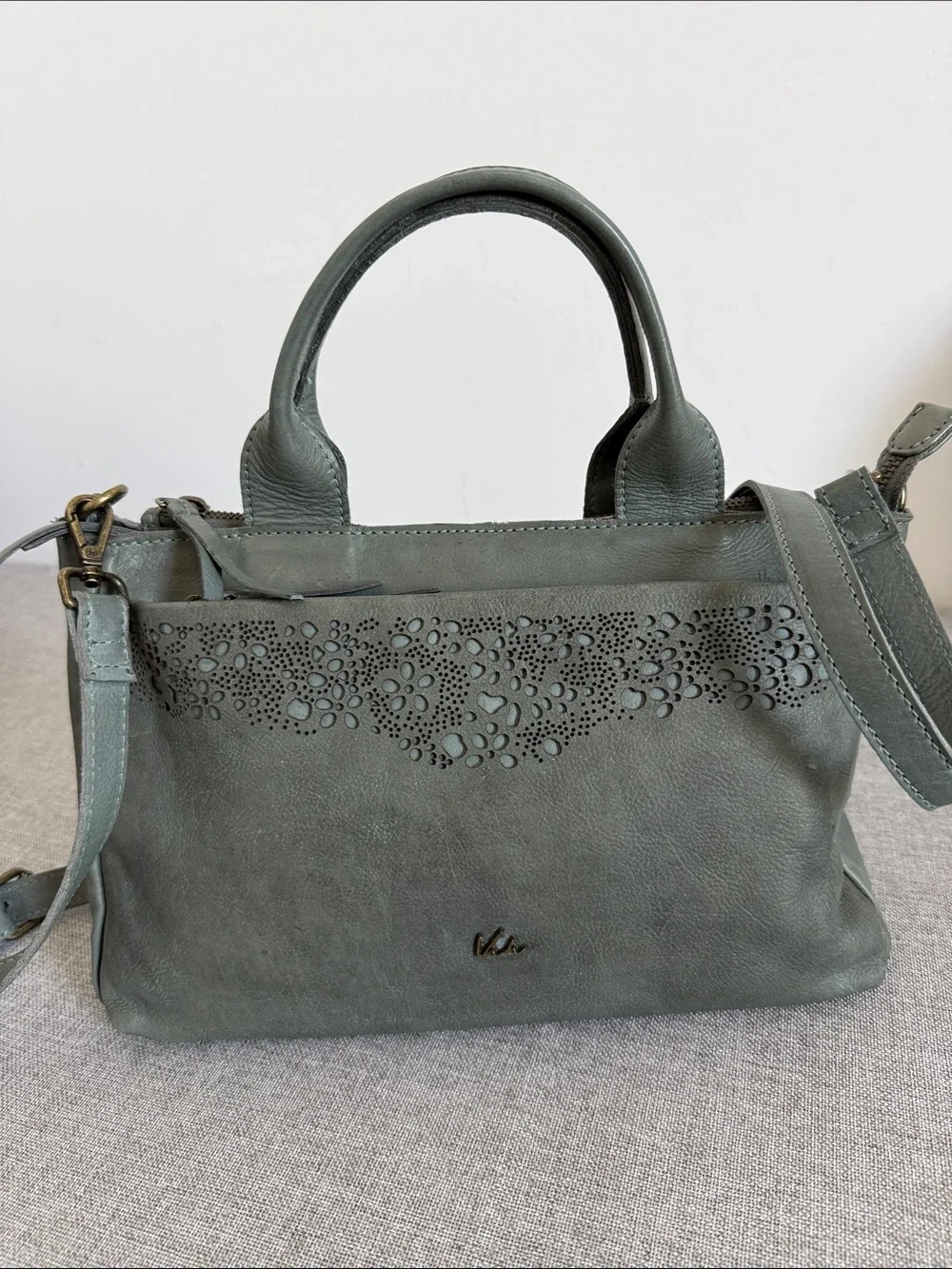 Women’s Green vintage Leather Tote Bag with Perforated Detail